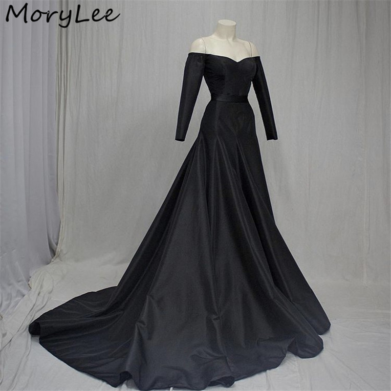 

Long Sleeves Evening Dresses Black V-Neck Floor Length Sweep Train Zipper Back Evening Dresses vestidos de fiesta de noche