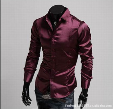 

Men Fuax Silk Satin Shirts Tops Long Sleeve Shiny High Quality Business Shirt Slim Casual Black Plain Solid Shirt Blouse Male, Wine red