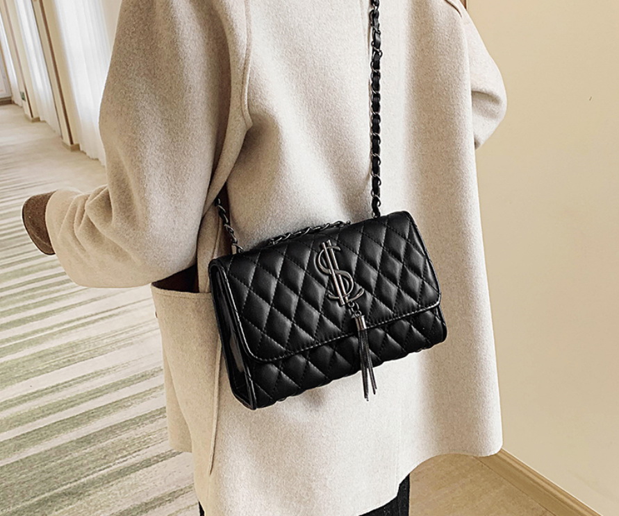 

Fashion new handbags High quality PU leather Women bag Small incense wind chain Lozenge Shoulder bag Stereotypes lattice, Black 1