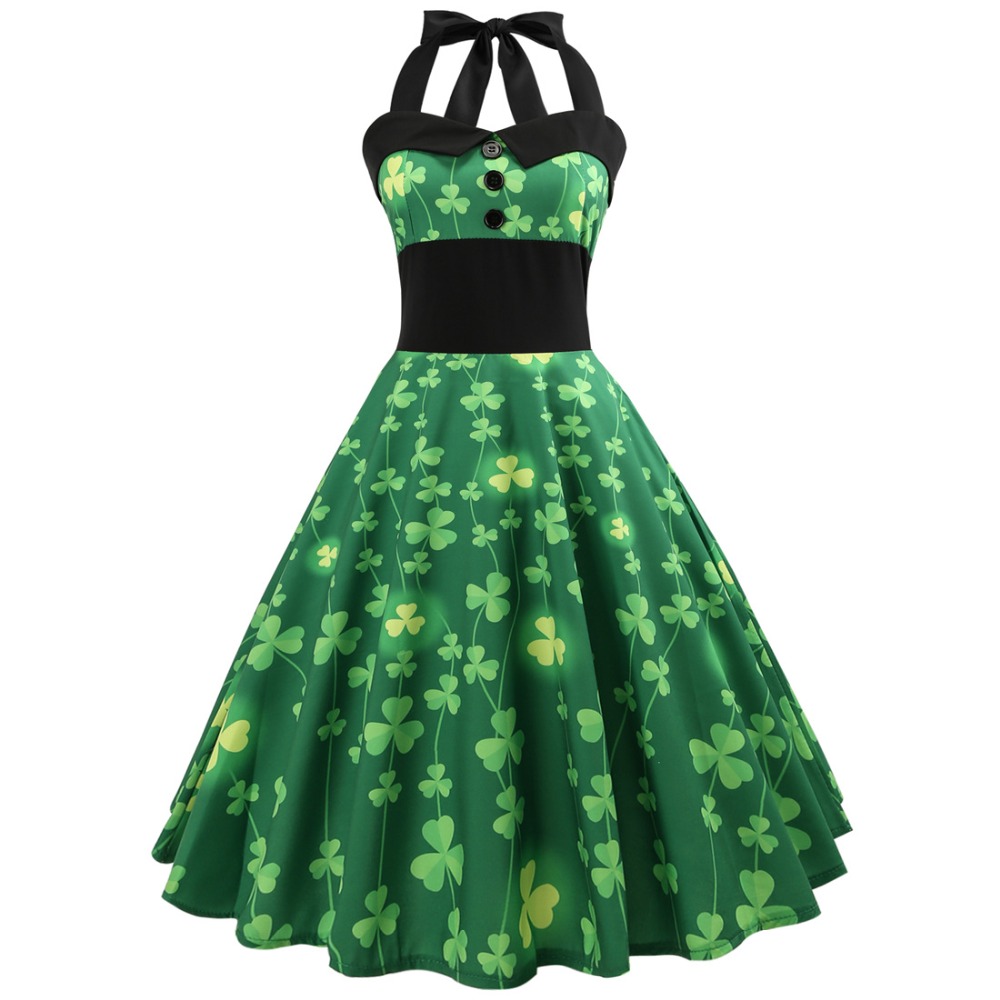 

Clover Floral Vintage Dress 2018 Women Halter Pin Up Summer Dress Audrey Hepburn 50s 60s Rockabilly Retro Swing Party Dresses, Green