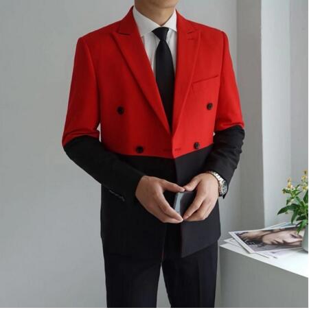 

Men's Suits & Blazers Black Red White Men Blazer Male Double Breasted Masculino Slim Fit Wedding Graduation Elegant Splice Homme