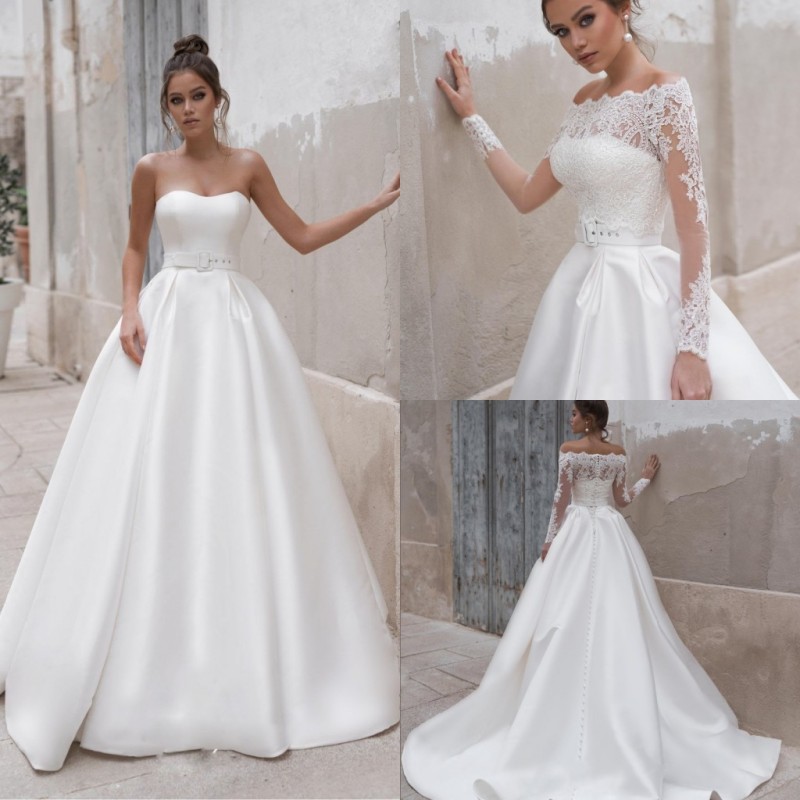 

Modest Elegant A Line Wedding Dresses With Long Lace Jacket Sweetheart Lace Up Sleeveless Sash Wedding Gowns Sweep Train robe de mariée, Orange