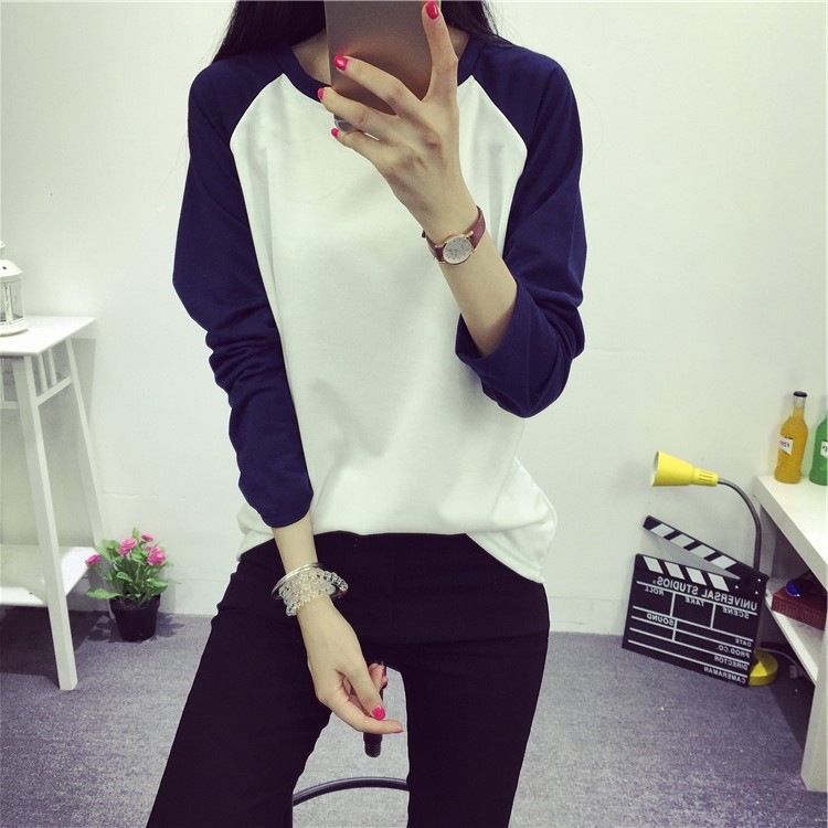 

Autumn and Winter Women's Casual Raglan Patchwork Solid Color Pullover T Shirt Preppy Style Long Sleeve Bottoming Top Tees M-XXL, Pink