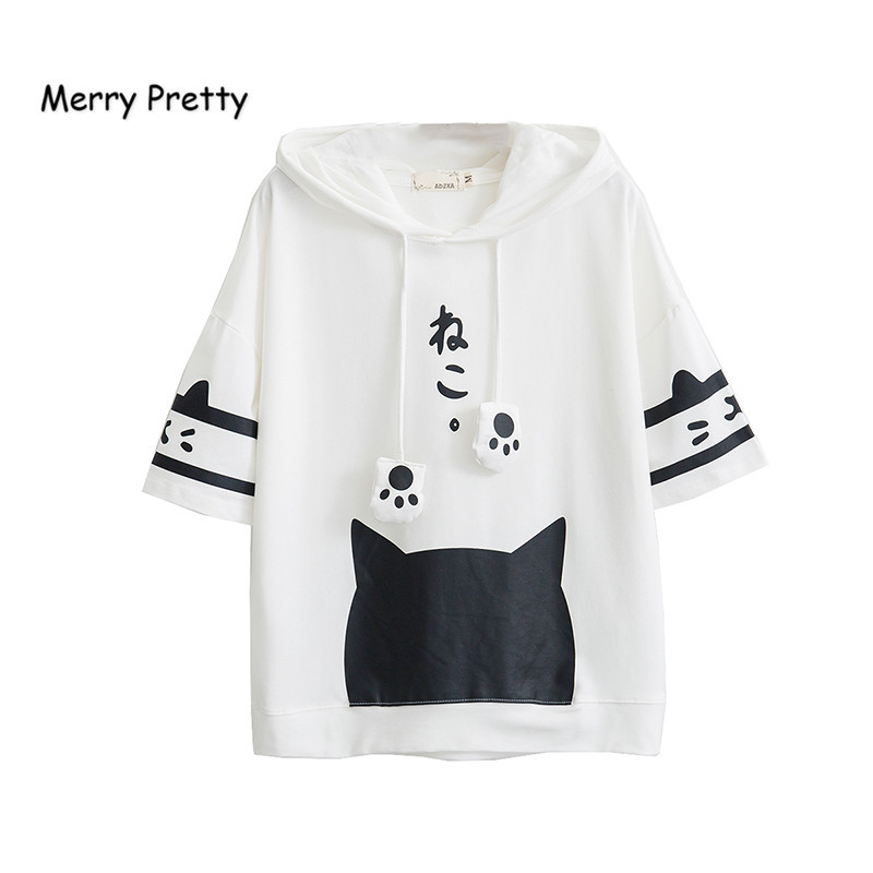 

Merry Pretty T Shirt Women Harajuku Japan Style Kawaii Cat Tshirt White Hooded Short Sleeve Cotton Girls Tumblr Friends Tshirts CX200619, Black