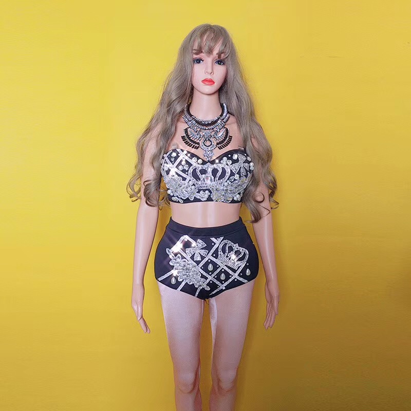 

Women Sexy Sparkly Crystals Black Bikini Outfit Bras Short Necklace Costume Singer Stage Performance Wear Sexy Dance Outfits, As picture