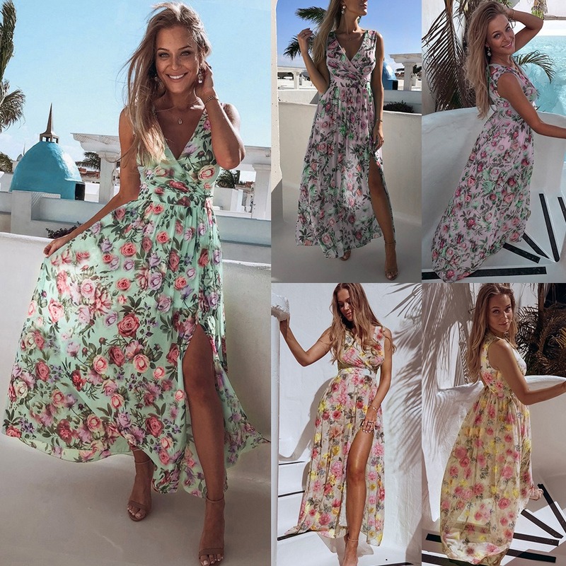 

Summer Beach V-Neck Maxi Dress Women Floral Print Boho Long Dress Wrap Casual Split Sexy High Wasit Party for Women 2020, Green