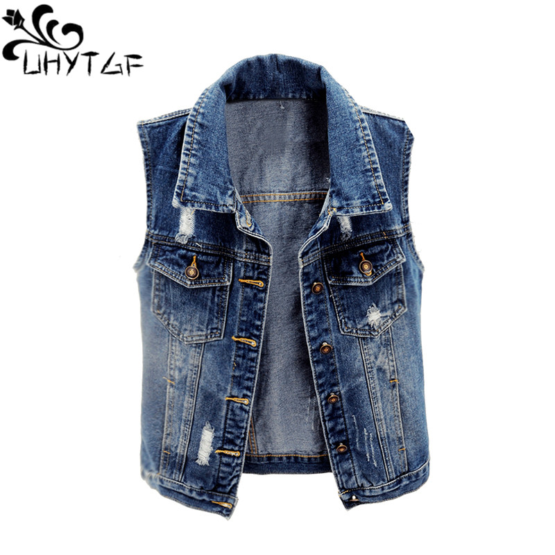 

UHYTGF Women spring denim vest fashion sleeveless casual short vests jacket Korean loose 5XL plus size waistcoat gilet femme1592, Navy blue