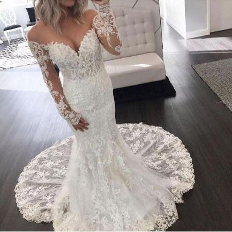 

Off Shoulder Long Sleeve Mermaid Wedding Dresses 2020 Plus Size Full Lace Appliqued Illusion O-neck Trumpet Garden Wedding Gowns, Ivory