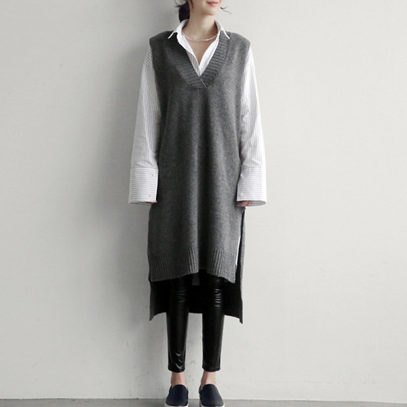 

Women Cashmere Knitted Pullovers Vest Long Waistcoat Autumn Winter Sweater Vests Slim Sleeveless Casual Female Shirt W1