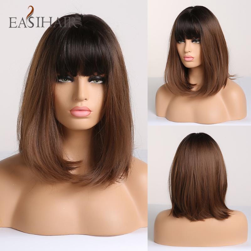 

EASIHAIR Black to Brown Omber Straight Bob Wigs Medium Length Synthetic Wigs for Women Cosplay Wig with Bangs Heat Resistant Wig, Lc177-1