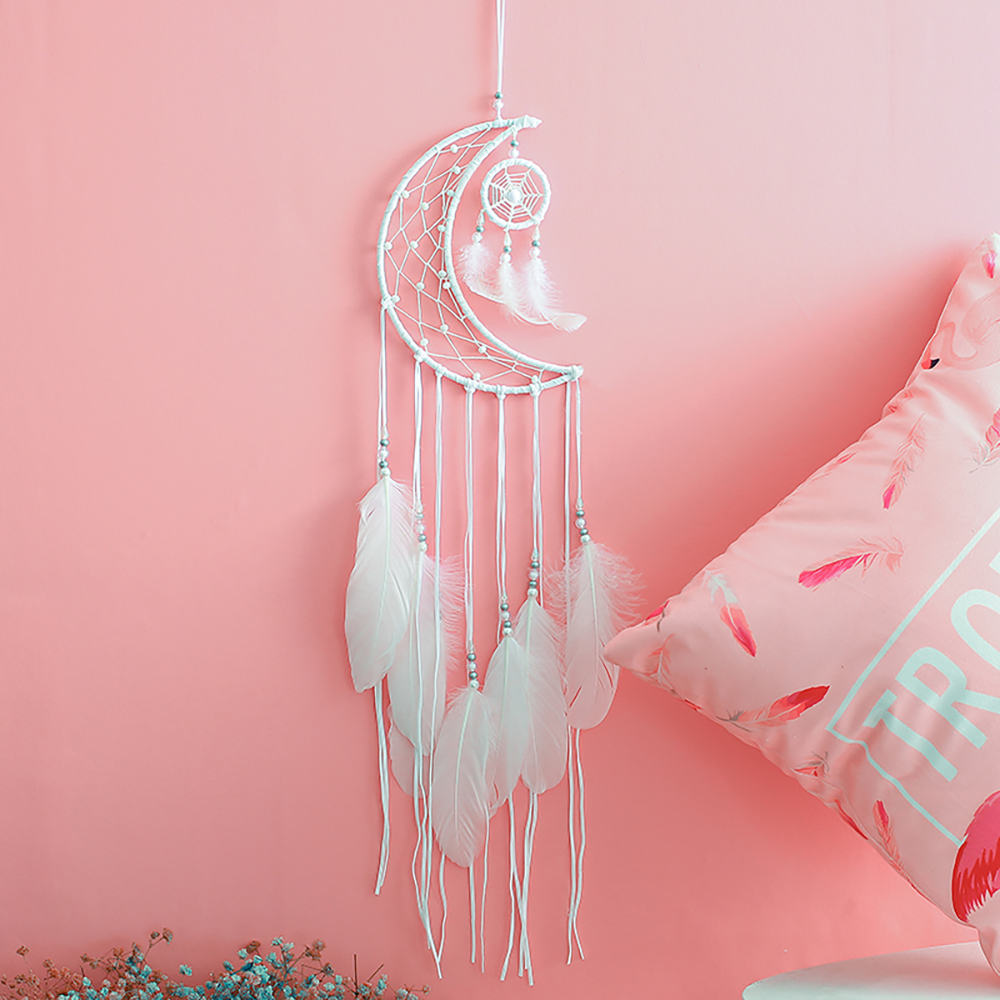 Handcrafted White Feathered Dream Catcher - Half-Moon Shaped Pendant for Bedroom Wall Decor Wedding Gifts-image-545732225