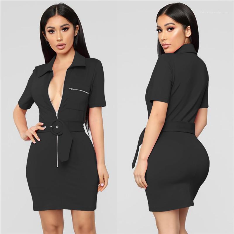 

Short Seeve Solid Color Hips Fashion Dress Designer Clothing Womens Lapel Neck Sashes Dress Summer, Black;gray