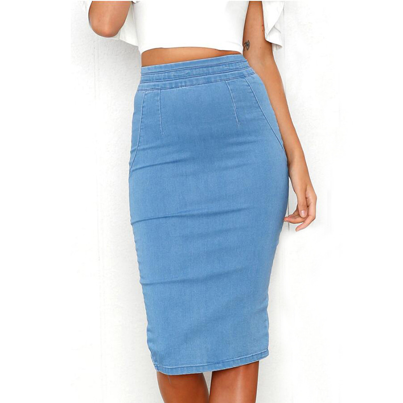Ladies Quality Denim Skirt Blue Split Knee Length Pockets Stretch Cotton
