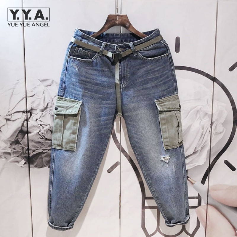 

Summer Men Loose Straight Jeans Cotton Ankle-Length Cargo Pants Fashion Patchwork Pockets Hole Ripped Retro Harem Denim Pants, Blue