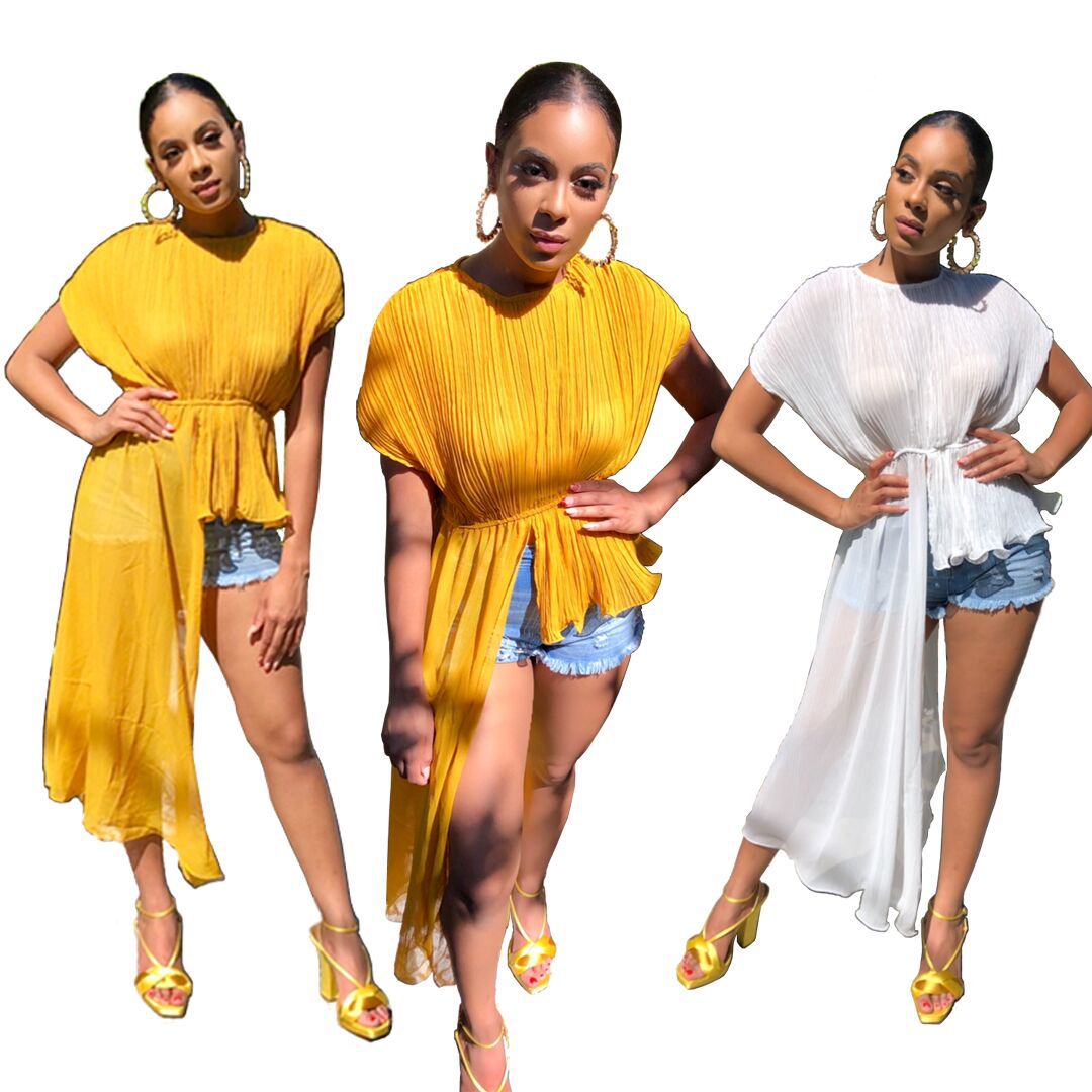 

2019 Newest Pleats Irregular Women Summer T Shirts 2019 Fashion Short Sleeves Loose Casual Blouse Elastic Waist Elegant Tops Yellow White