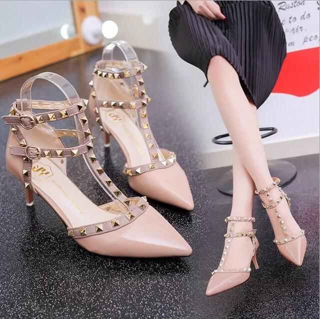 

Rivet High Heels Luxury Designer Women Shoes Ladies Pumps Sexy Spring Summer 2020 Fashion Sandals Office Dress White Black Shoes