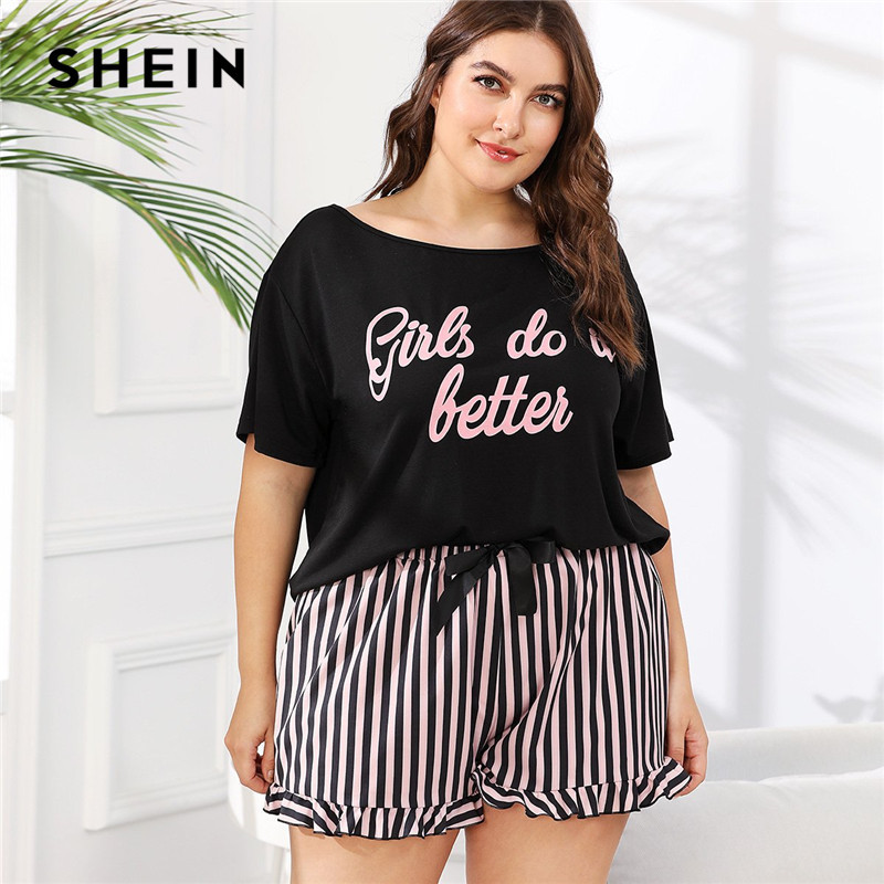 

SHEIN Plus Size Women Letter Print Tee And Striped Shorts Pajama Sets Short Sleeve Tshirt With Ruffle Hem Shorts Sleepwear Set V191216, Multi-color