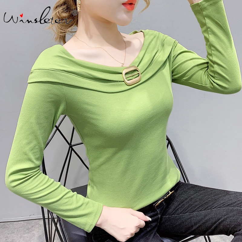 

Green T shirt Spring 2020 Women Cotton T-shirt Top Tee Solid Slash Neck Slim Long Sleeve Multi Colors Casual Women Clothing, Black
