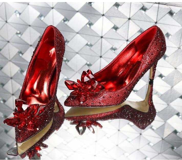 

Luxury Cinderella Crystal Shoes Bridal Rhinestone Wedding Shoes With Crystal Flower Designer Pumps Size 33 34 To 40 41, Silver transparent flower