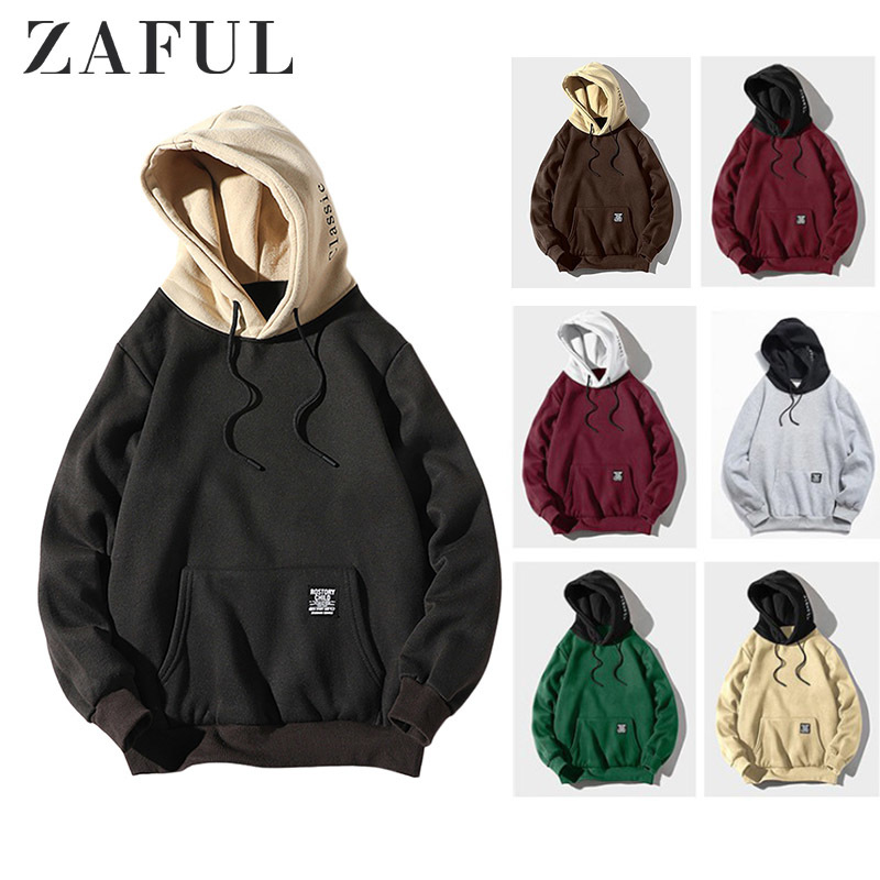 

ZAFUL Men Hoodie Color-blocking Letter Patch Detail Pouch Pocket Sweatshirts Fleece Casual Hip Pop Hoodies Cool Women Pullovers T191217, Coffee