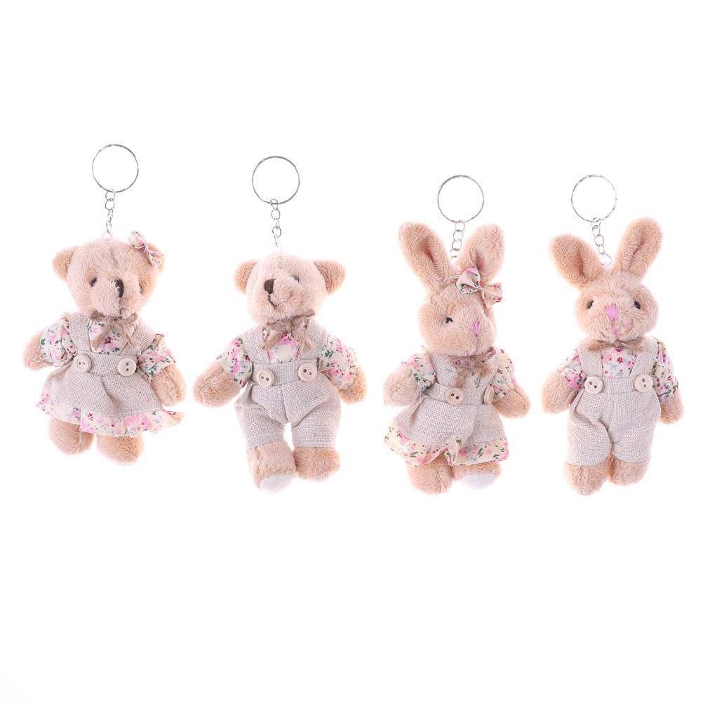 

Teddy Bear Rabbit Bunny Dolls Keychain 11cm Floral Cloth Bag Pendants Couple Bear Rabbit Plush Keychain Lovers Friends Gift