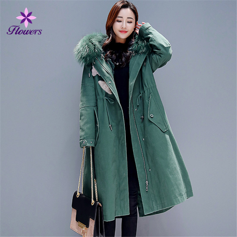 

FLOWERS New Winter Jacket Women Clothes Plus Size Cotton Long Coat Korean Large Fur collar Thick Warm Parka Overcoat Female, Green