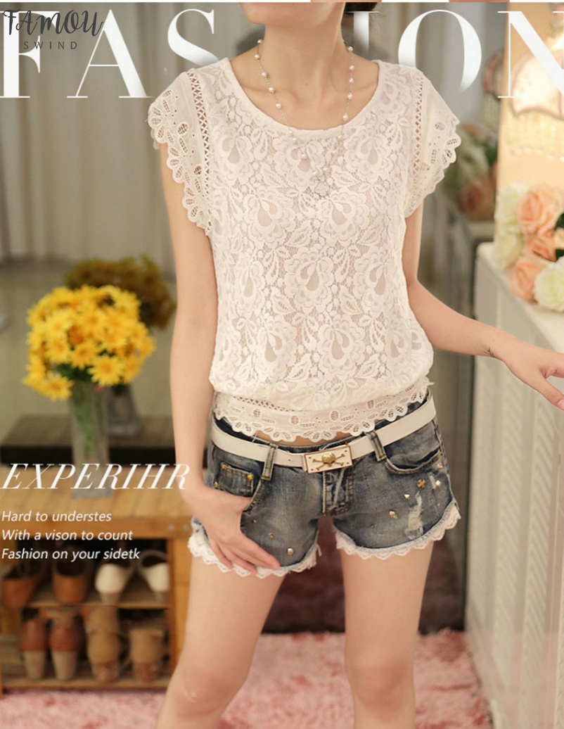 

New 2020 Summer Fashion Short Sleeve Women Tops Plus Size Solid White Color Blouse Lace Female Slim Blouse Shirt 01A 25