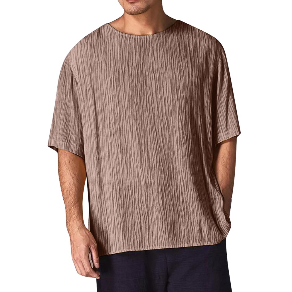 

KANCOOLD Men's Casual Shirts Linen Shirts Men Button Short Sleeve Round Tee Shirt Hem Loose Men Shirt camisa masculina, Brown