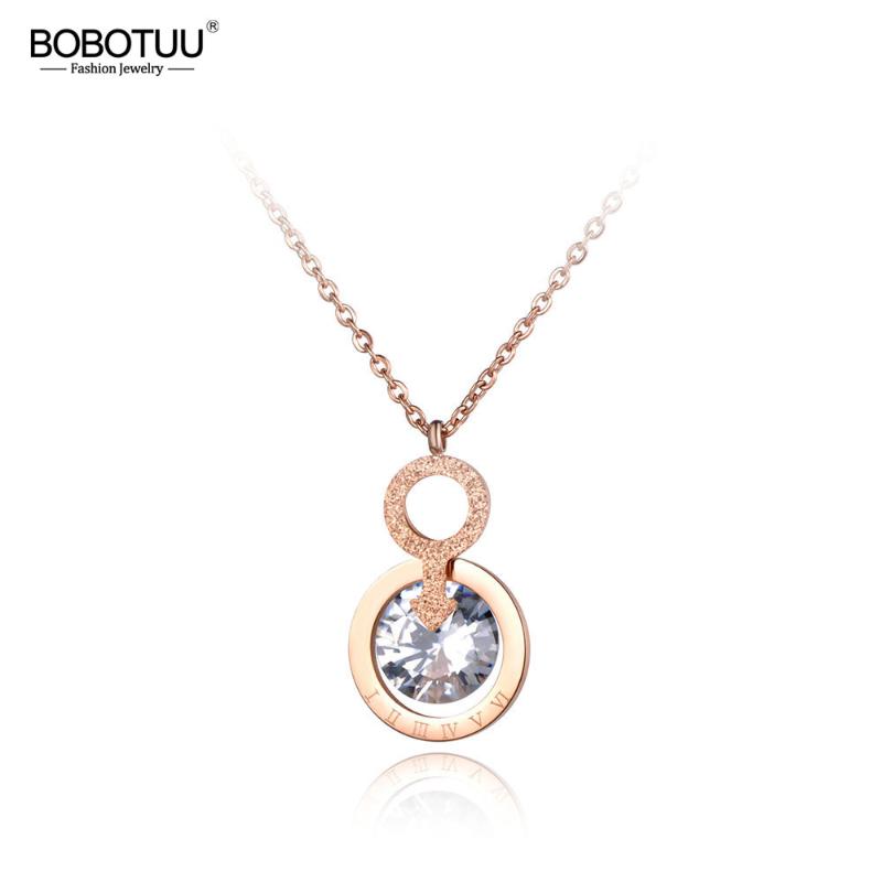 

Pendant Necklaces BOBOTUU Stainless Steel Sparkling CZ Crystal Double Circle Choker Trendy Chain Necklace For Women BN19057