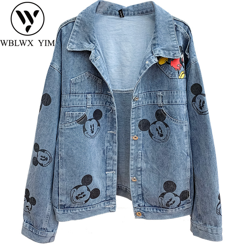 

Jeans Jacket Women Cartoon Print Loose Long sleeve Denim Jacket Female Autumn Fashion Jeans Coat Casual Bomber Jackets Outwear, Blue