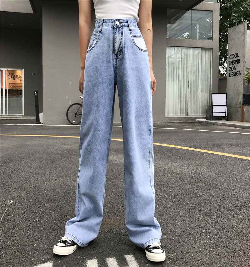 

Februaryfrost 2020 Women Slim Mom High Waisted Wide Leg Woman Jeans Casual Korean Blue Loose Long Denim Pants Trouser Streetwear, Light blue