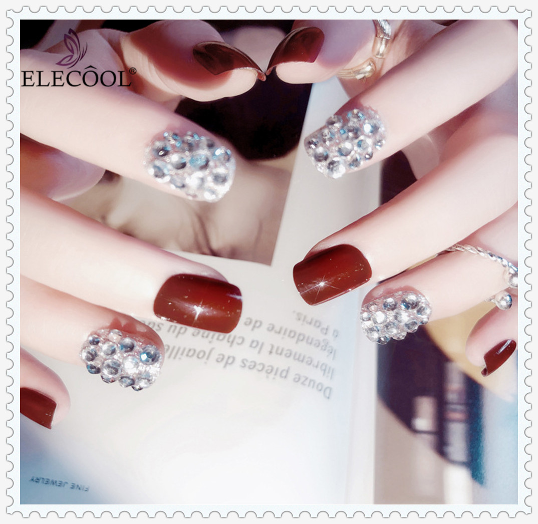 

ELECOOL 2018 New 24pcs False Nails Red with Diamond Shiny Nail Art Design Artificial Fake Nails Press on Short Natural Tip, As pic