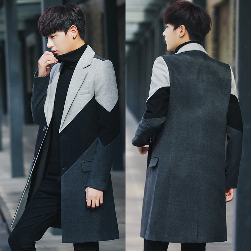 

Korean Style Casual Mens Coats 2018 Winter Long Turn Down Collar Wool Blend Coat and Jacket Pockets Male Coats, Black