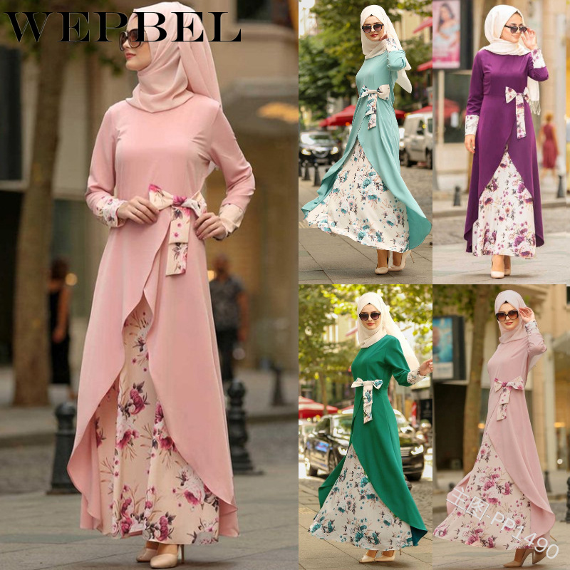 

WEPBEL Muslim Dress Women O Neck Full Sleeve Casual Autumn Floral Bow Abaya Islamic Lady Elegant Maxi Dresses, Green