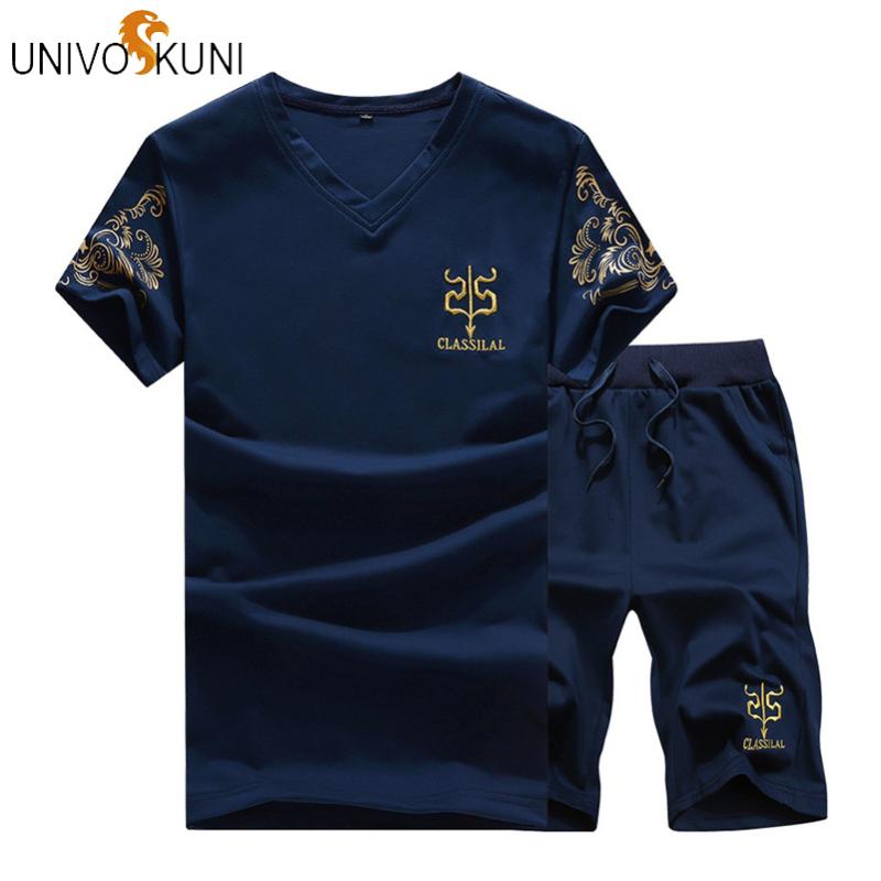 UNIVOS KUNI 2018 New Summer Thin Men's V-neck Embroidered Short Sleeves And Shorts Set Korean Casual Mannen Sportswear Set J302
