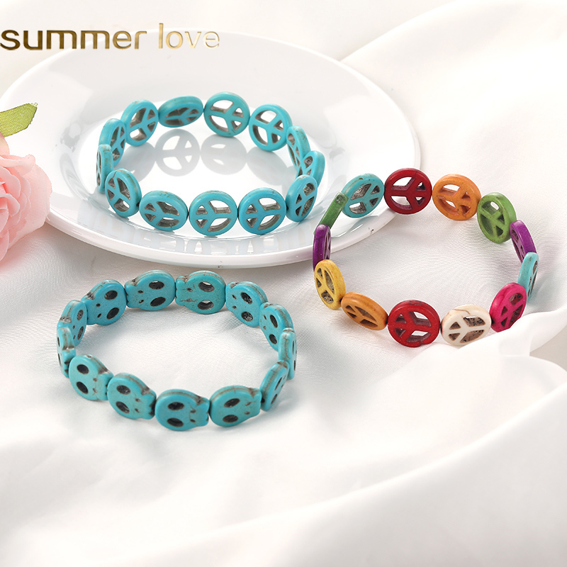 

2020 Fashion Design Natural Turquoise Peace Skull Charm Bracelets for Women Men Handmade Colorful Round Stone Bracelet Bangles Jewelry Gift