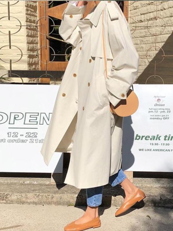 

Loose Simple Fashion Cute Mid-length Over-the-Knee Long Trench Coat for Women Turndown Collar Casual Outdoor Chic Clothes Women, Khaki