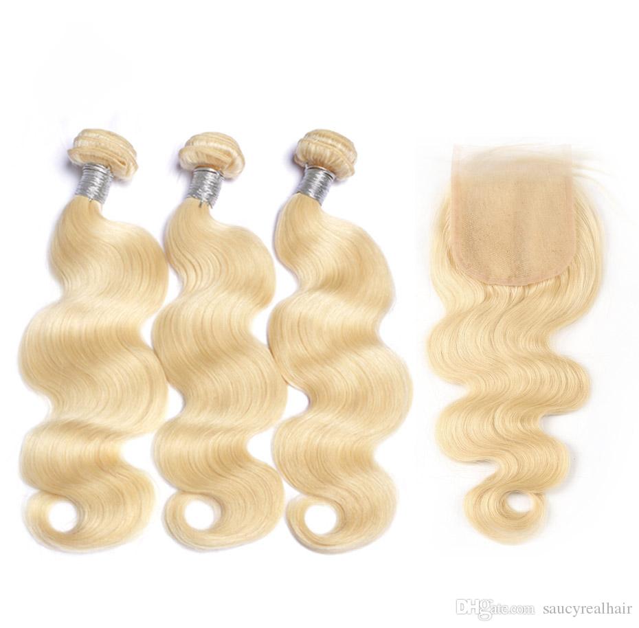 

BWhair Virgin Human Hair 3 Bundles With 4X4 Lace Closure Peruvian Malaysian Indian Body Wave Hair Extensions Blonde color 613#