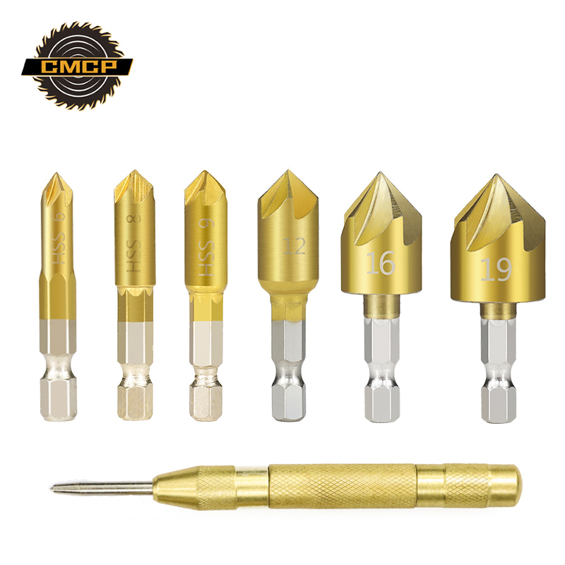 

CMCP 6-19mm Countersink Drill Bit And Center Punch Set TiN Coating Hex Shank 90 Degrees Wood Chamfering Cutter Chamfer Drill Bit
