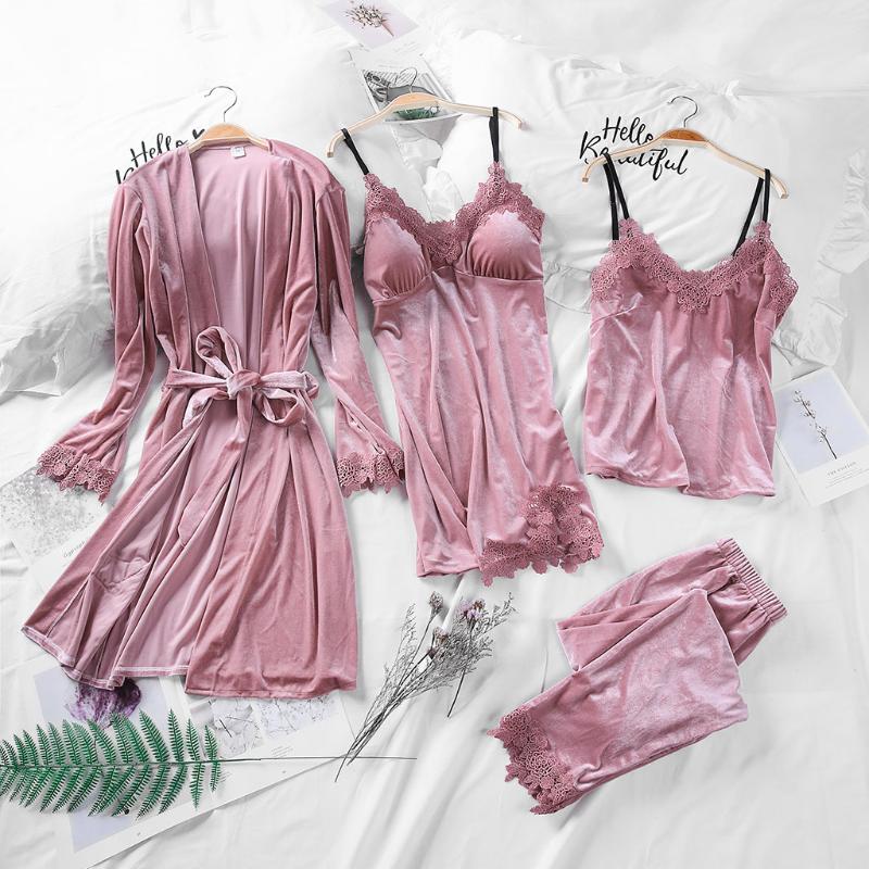 

Women 4 Pcs Velvet Silk Pajamas Set Extravagant Luxury Pajamas Suit Summer Comfortable Soft Sleepwear 4 Pcs Night Wear f29