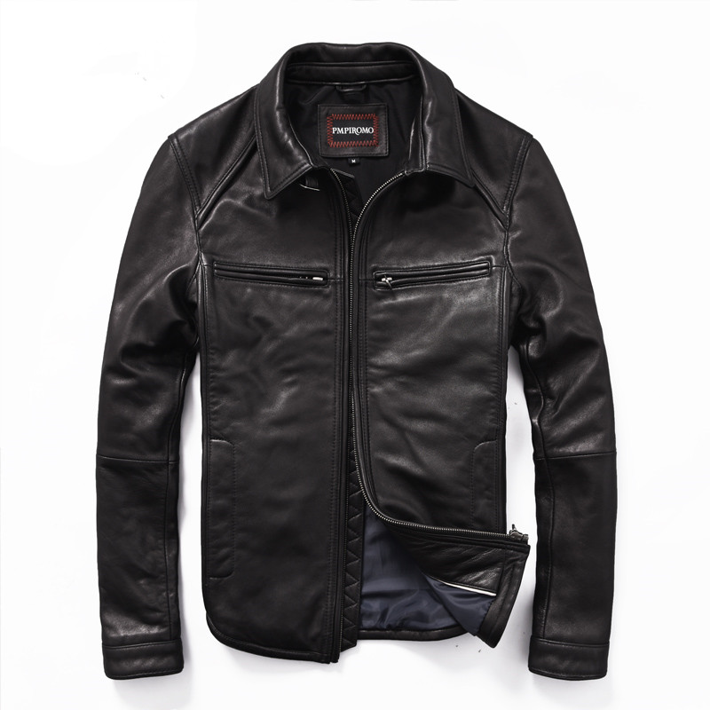 

collar turn down 2020 men' vintage soft sheepskin slim fit leather coat men causal smart autumn jacket male, Black