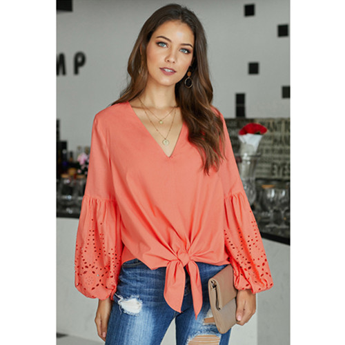 

Women Shirt Rhapsody Cotton Tie Top Blouse Embroidered Eyelet Elastic Balloon Sleeve Hem Front Bow Tie Casual Tunic Lady Outwear, Black