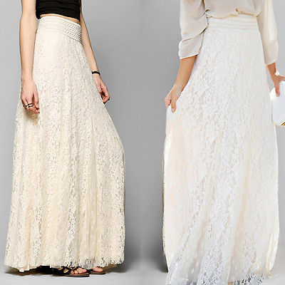

2017 Women Lace Maxi Skirt Multilayer Girl Double Layer Flower Pleated Maxi Elastic High Waist Floor Length White Skirts, Beige