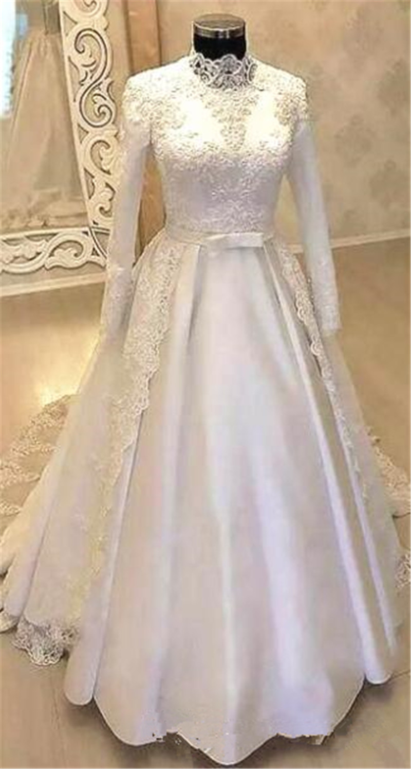 High Neck Long Sleeve Muslim Wedding Dresses Bow Belt Appliques Lace Satin A Line Modest Design Bridal Gowns Custom Made Vestidos De Noiva