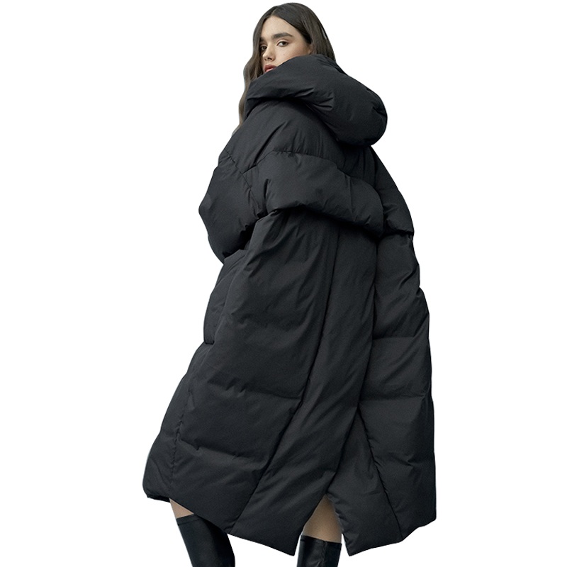 

New winter Outwear Women Oversize White Duck X-Long Down Warm Jacket in Hooded Fashion Cocoon Parkas, Black