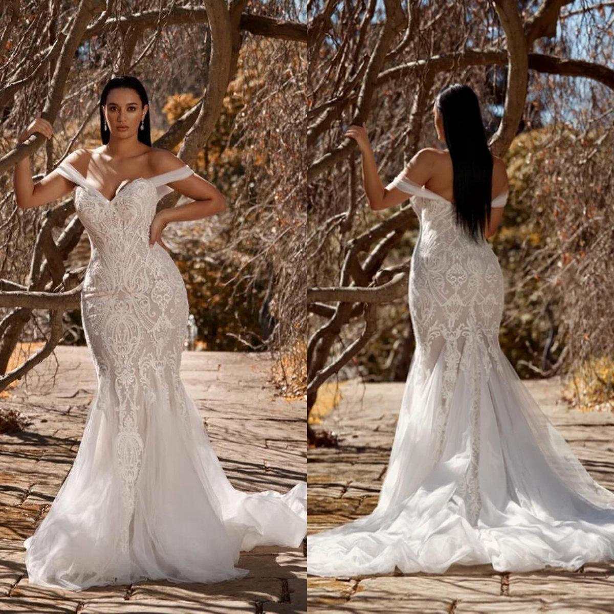 2021 Plus Size Mermaid Wedding Dresses Off The Shoulder Lace Appliques Country Style Robes De Mariée Sweep Train Trumpet Bridal Gowns
