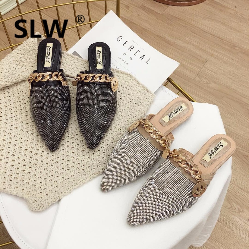 

smiling face pointed toe mules woman metal chain decorate casual spring shoes party dress shoes woman fashion slides
