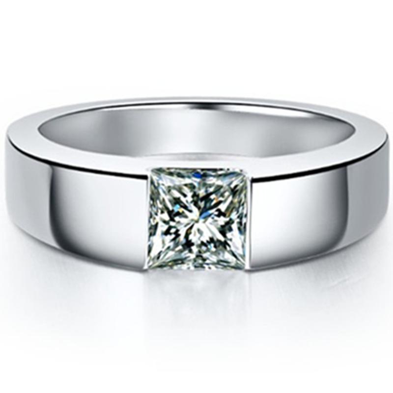 

1CT Solid Sterling Silver Ring Synthetic Princess Solitaire Ring for Man Wedding Male Jewelry 750 White Gold Cover