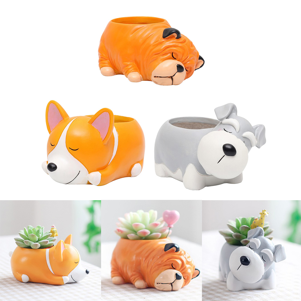 

3x resin dogs succulent planters decorative plant pots window box tabledecor