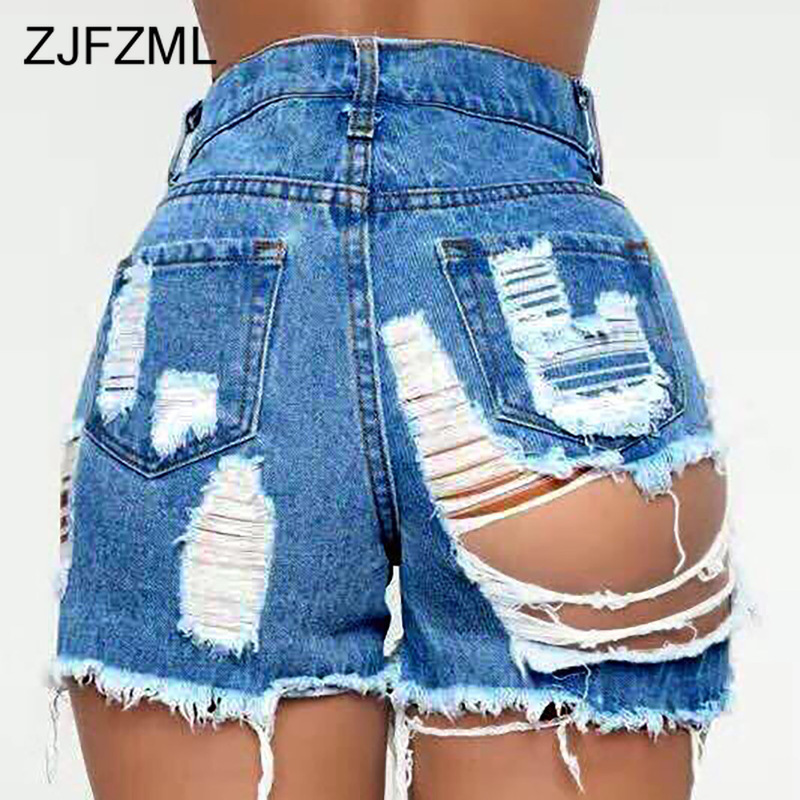 

Casual High Waist Ripped Jeans for Women Fashion Hollow Out Fur-Lined Skinny Denim Short Summer Female Elasticity Beach Bottoms, Dark blue